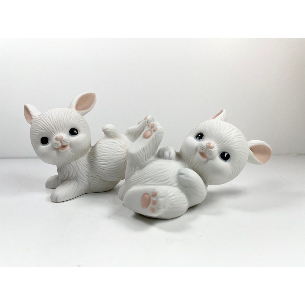 Vintage Homco Playful white Baby Bunnies smiling pink ears set of 2 twee